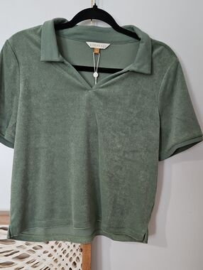 DownEast Sage Green Terry Polo Tee